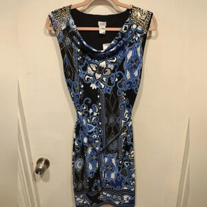 NWT Cache Women's Embellished Blue Geometric Floral Print Stretch Knit Dress S
